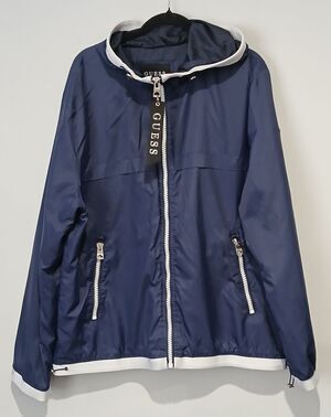 Guess. Navy Blue. Full Zip-Up Hoodie Windbreaker Jacket. Men Size 2XL.